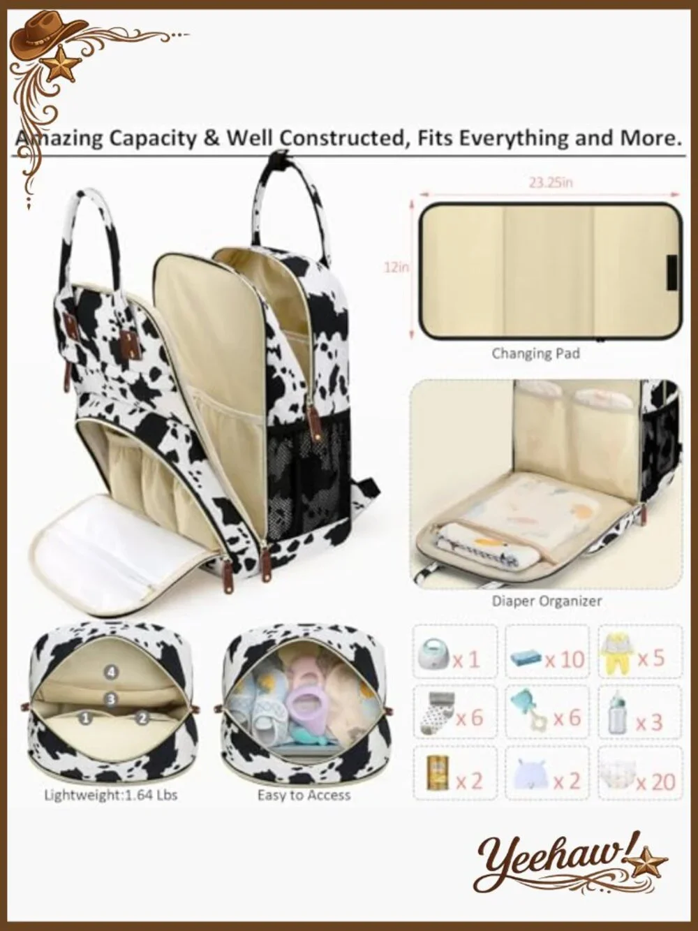 Diaper Bag Backpack with Changing Pad, Insulated Pockets, Waterproof, 23L,